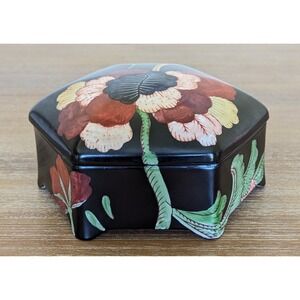 Vintage Frederick Cooper Hand Painted Floral 7" Black Ceramic Hexagon Box w/ Lid